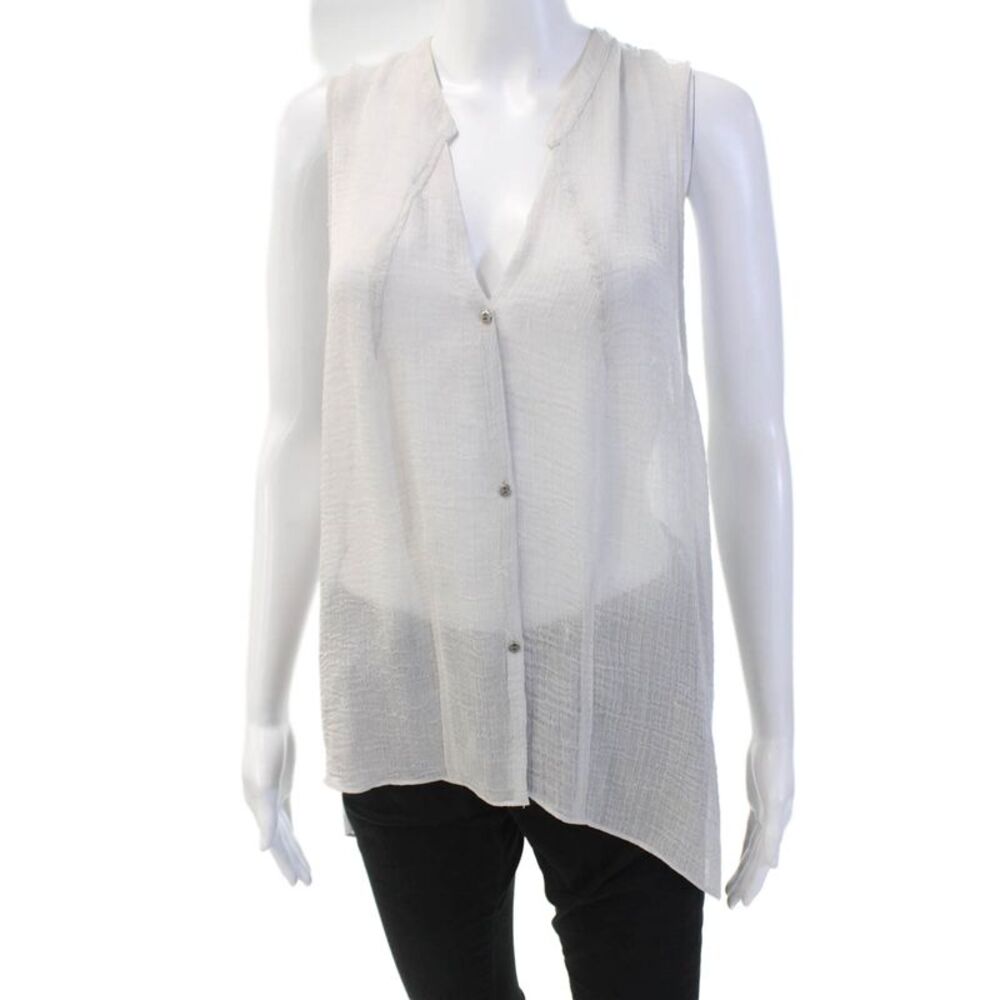 Helmut Womens Sheer Sleeveless Buttoned High Low Hem Blouse Gray Size L